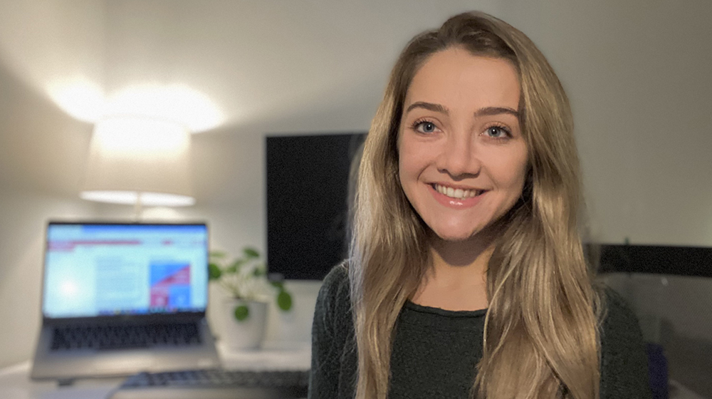 Kathryn Heeg smiles at her remote learning desk at home. Kathryn Heeg smiles at her remote learning desk at home.
